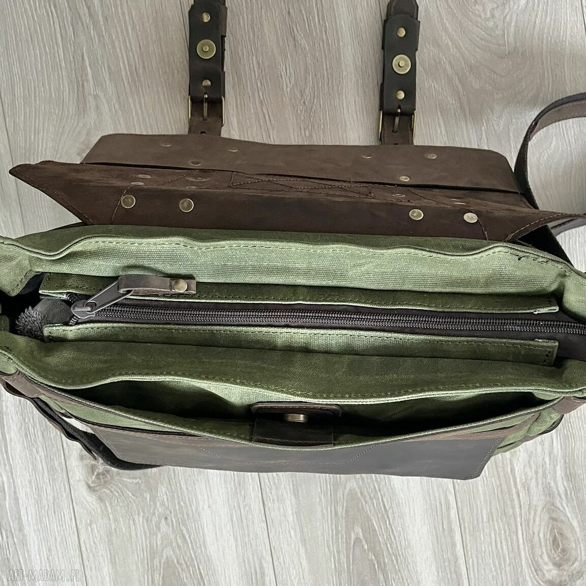 teczki: Torba ze skóry i bawełny woskowanej zielona vintage Ręcznie zrobione
