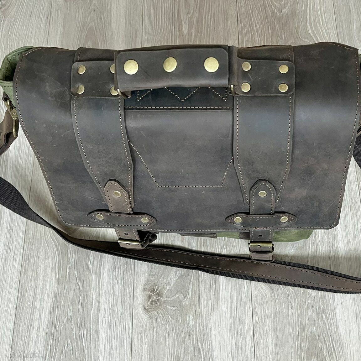 teczki: Torba ze skóry i bawełny woskowanej zielona vintage Ręcznie zrobione