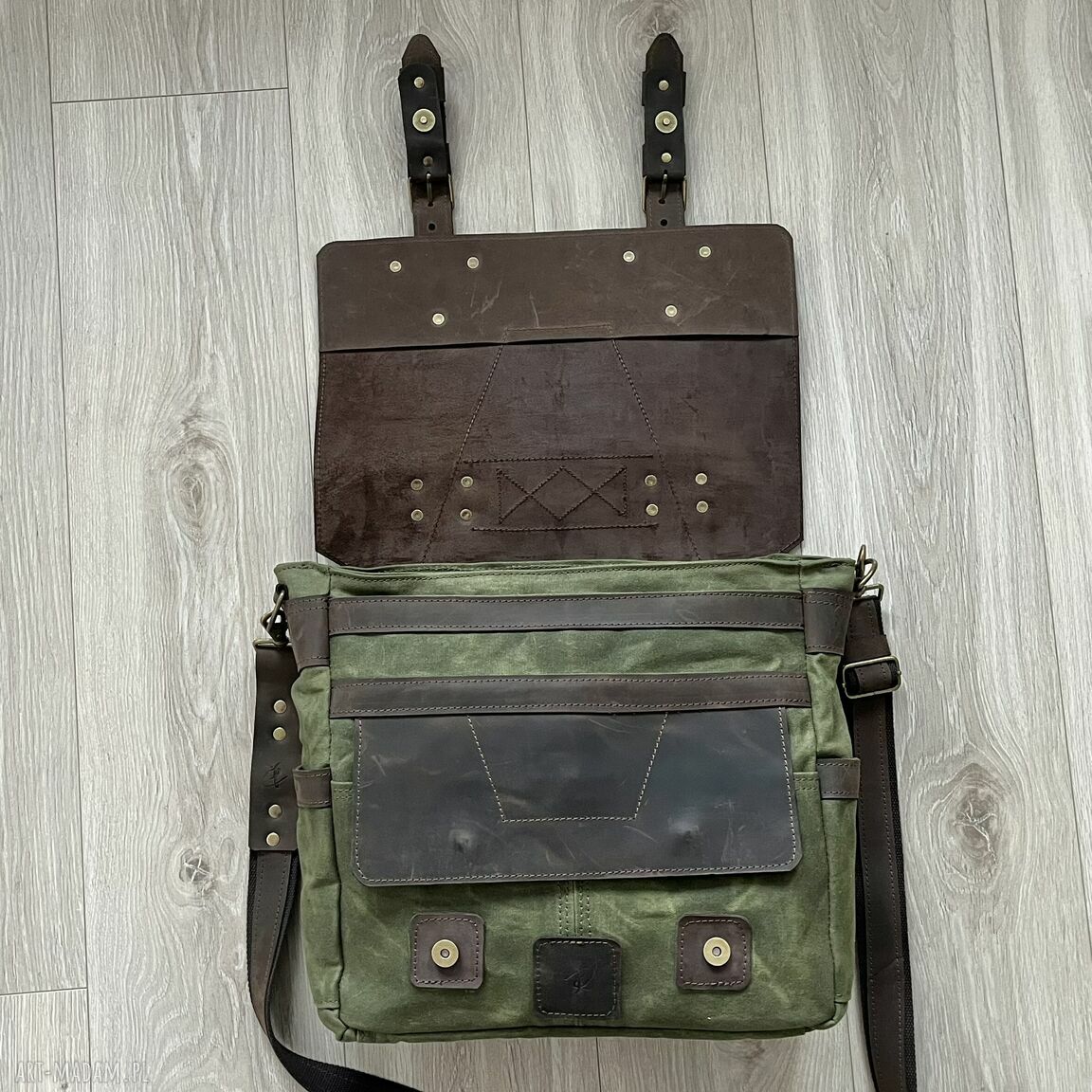 teczki: Torba ze skóry i bawełny woskowanej zielona vintage Ręcznie zrobione