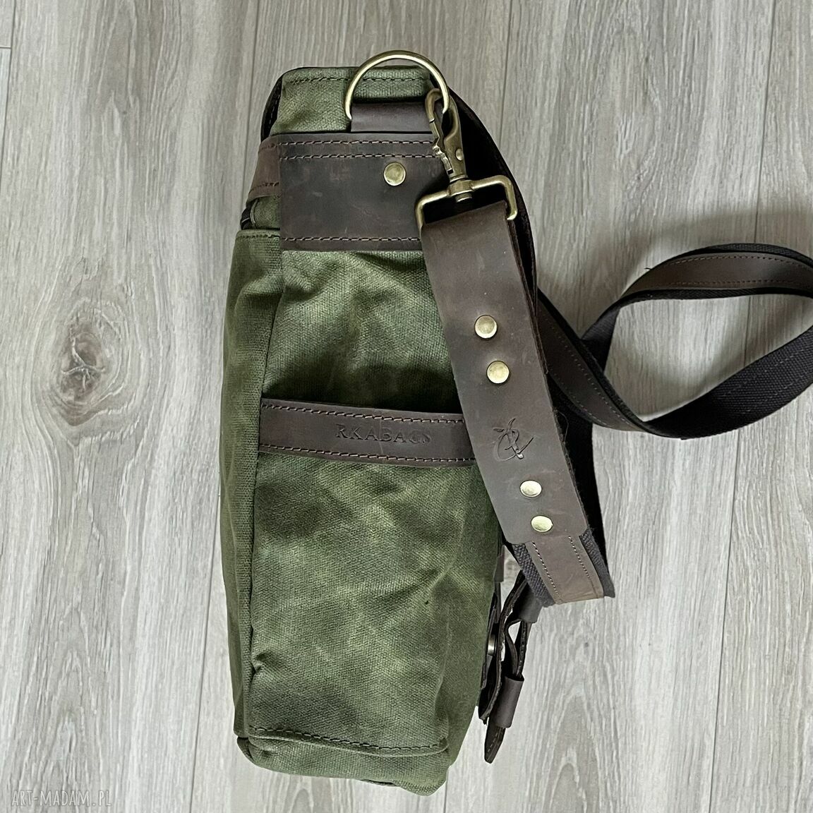 teczki: Torba ze skóry i bawełny woskowanej zielona vintage Ręcznie zrobione