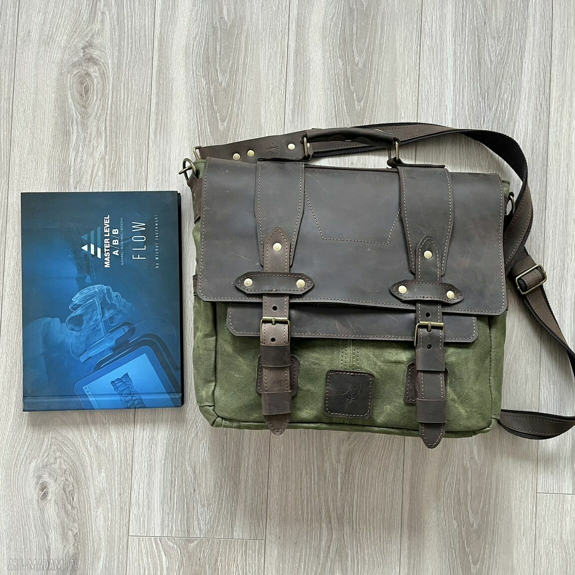 teczki: Torba ze skóry i bawełny woskowanej zielona vintage Ręcznie zrobione