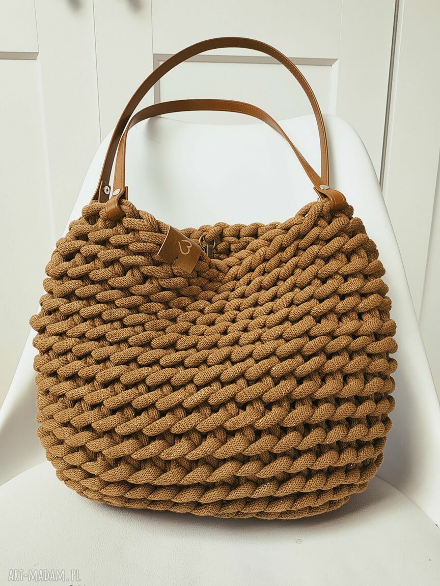 Torba na ramię Boho Weave Bag karmelowa ze złotą nitką - handmade