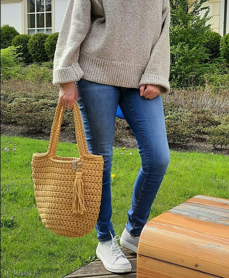 Torba na ramię w kolorze musztardowym - szydełkowa ze sznurka, handmade