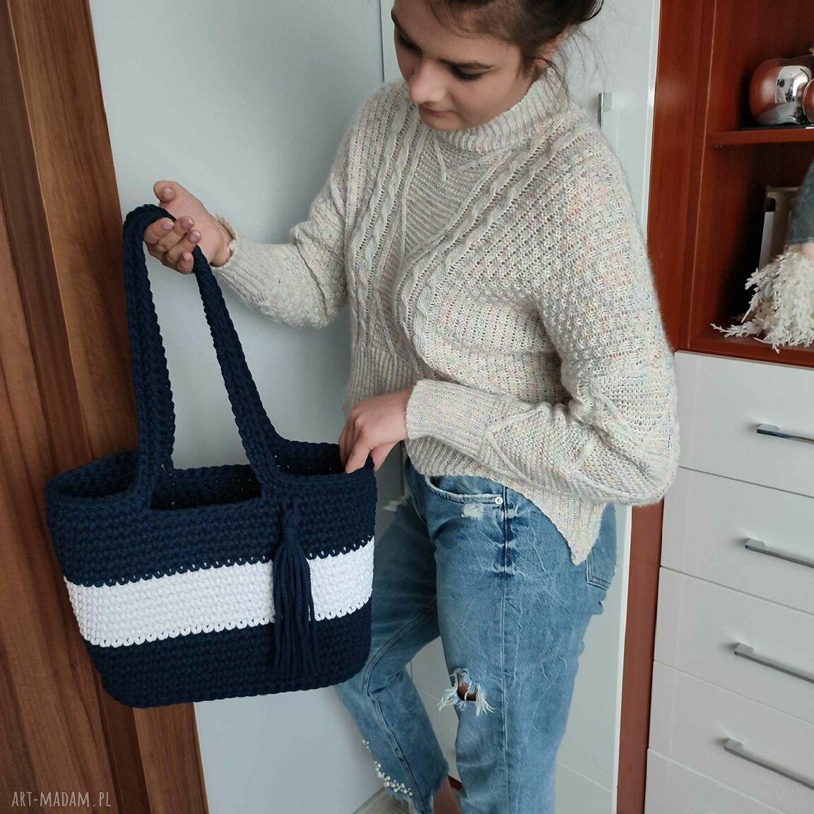 Torba ze sznurka 35x30 cm na ramię - handmade szydełkowanie
