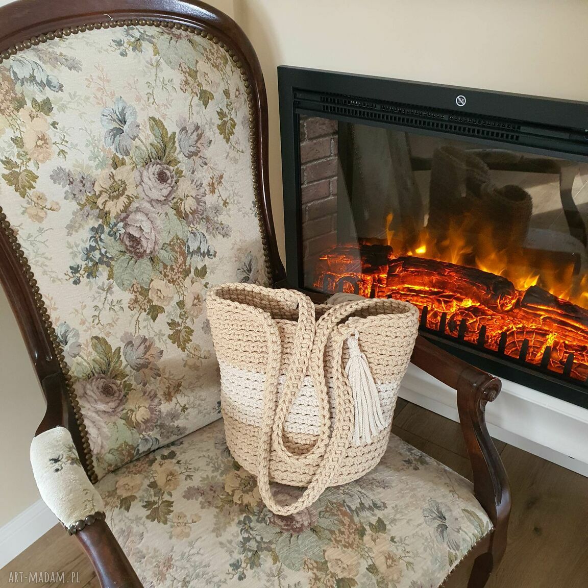 Torba ze sznurka na ramię 23x30 cm - boho szydełkowana handmade