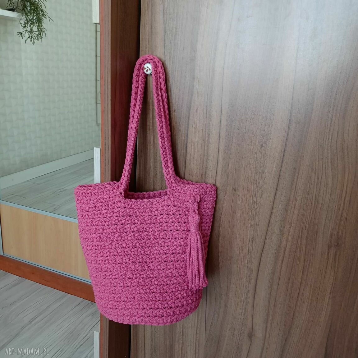 Torba ze sznurka bawełnianego 21 cm x 30 cm - szydełkowana na ramię do pracy
