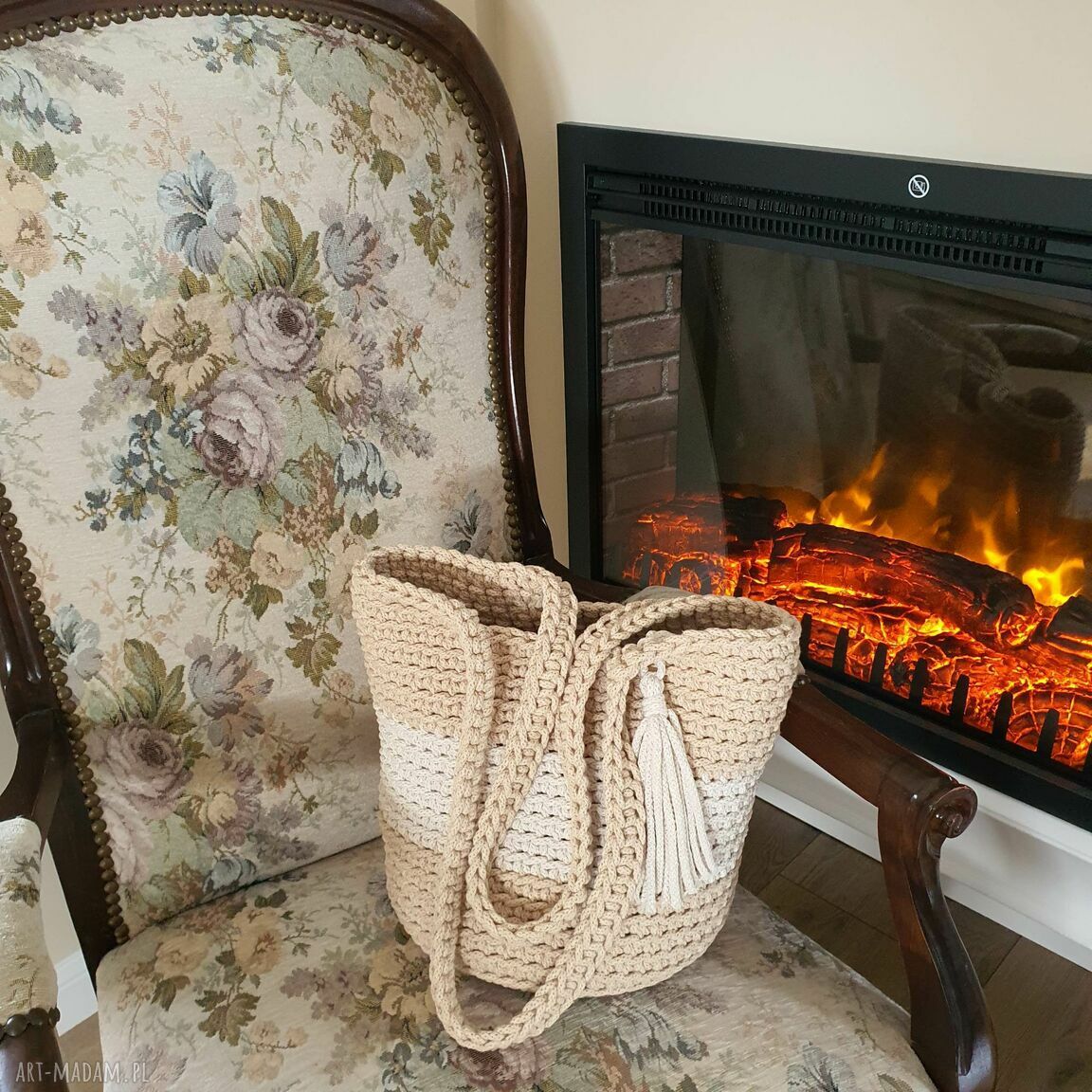 Torba ze sznurka na ramię 23x30 cm - boho szydełkowana handmade
