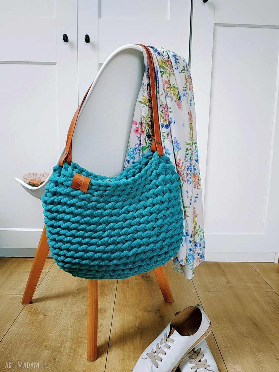 Torba na ramię Boho Weave Bag z sznurka bawełnianego - morski - ręcznie szydełkowana