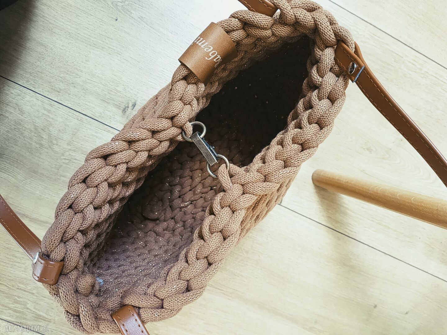 Torba na ramię Boho Weave Bag karmelowa ze złotą nitką - handmade