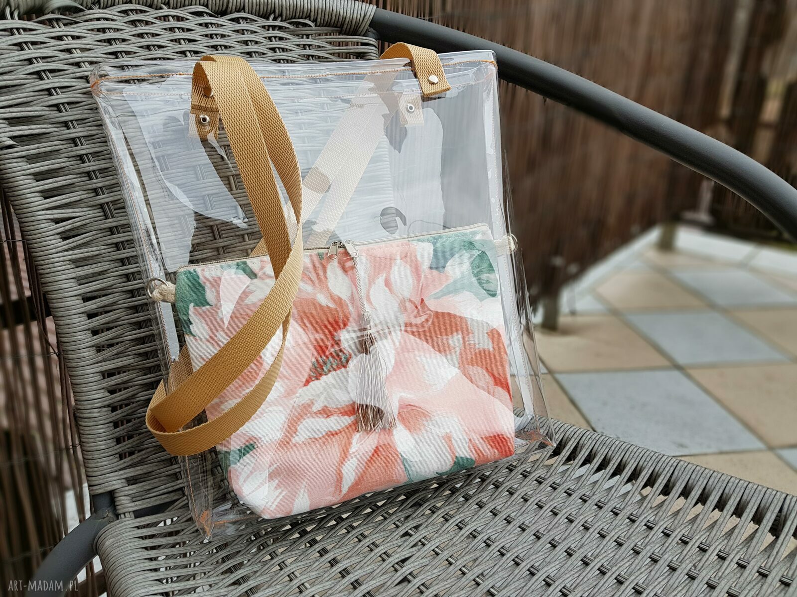 Torebka plażowa transparentna kwiatowa vintage na ramię ręcznie robiona