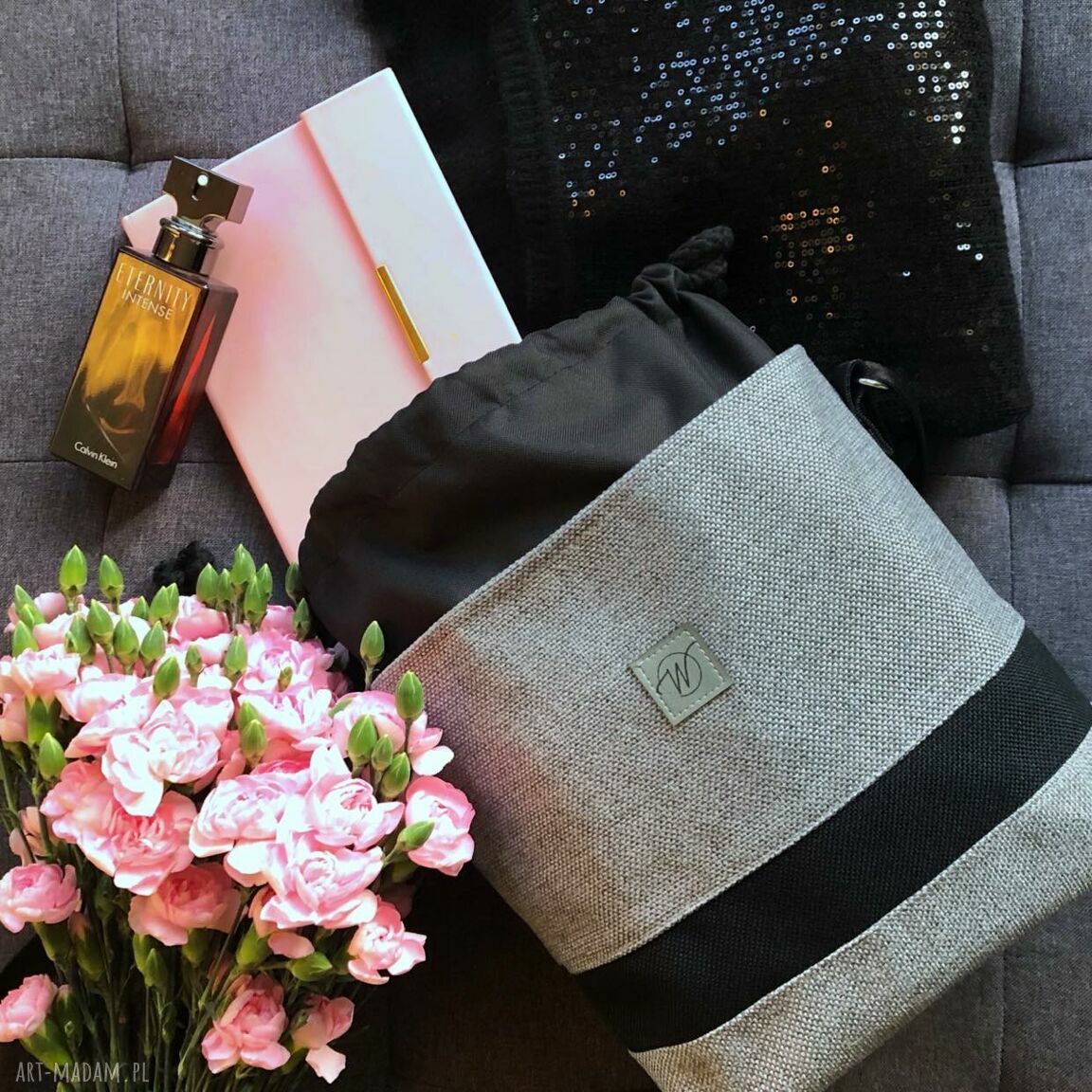 Torebka April Mini szara z czarnym - crossbody na ramię (handmade)