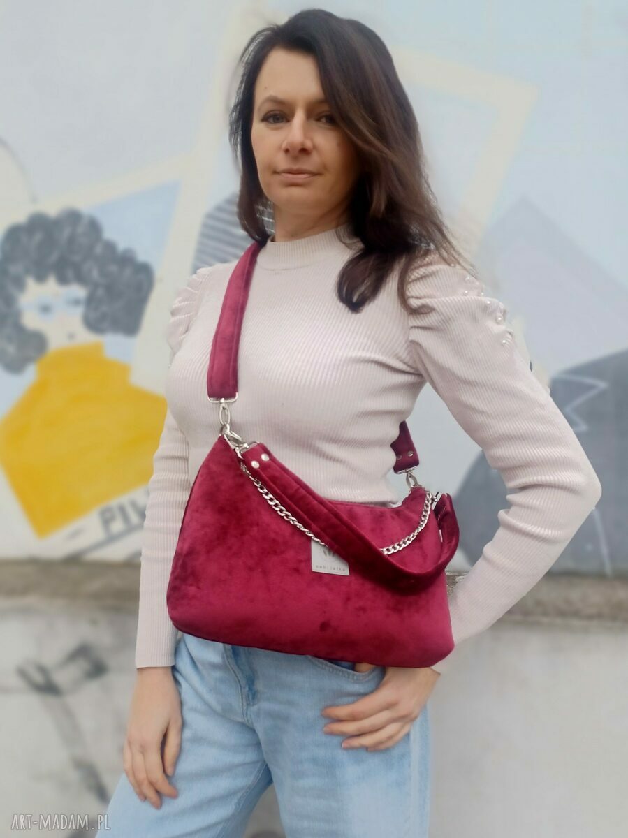 Torebka bagietka z puchatego weluru bordowa na ramię - Sabi tatka