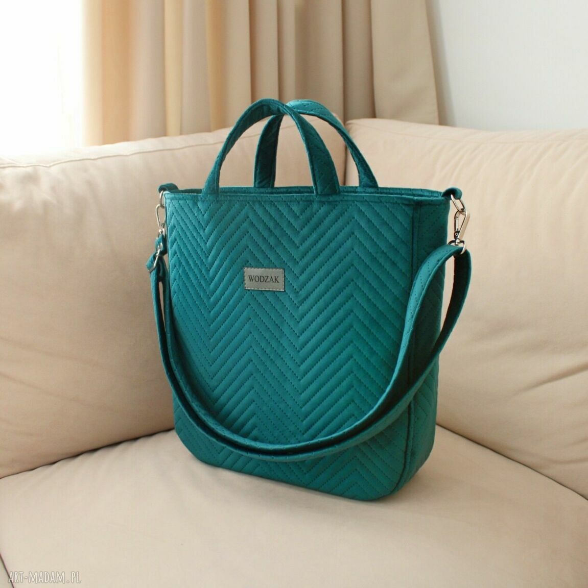 na ramię: Torebka damska Aurora z turkusowego weluru Ręcznie wykonane