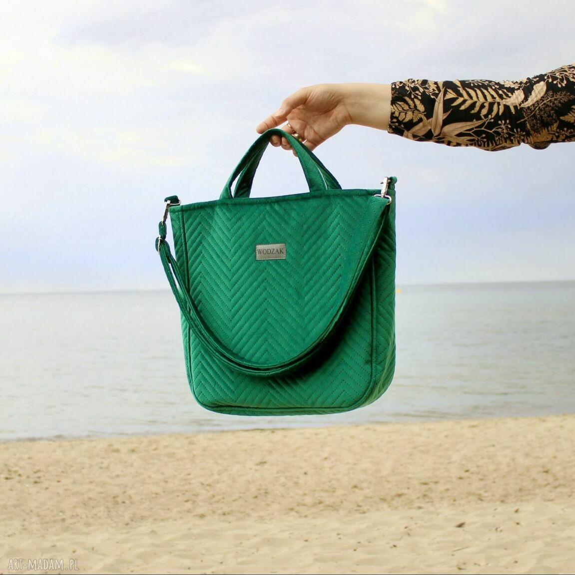 na ramię: Torebka damska Aurora z zielonego weluru Ręcznie wykonane