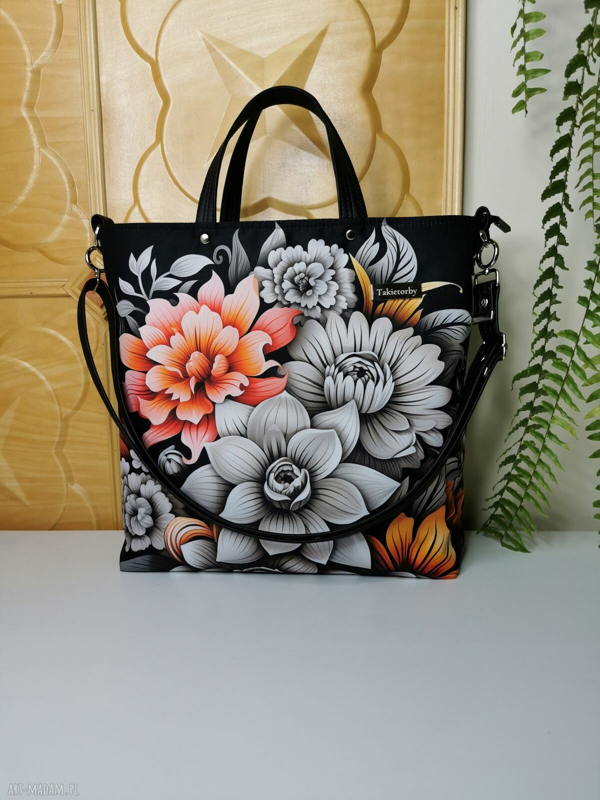 Torebka damska shopper bag na ramię z kosmetyczką - bukiet kwiatów