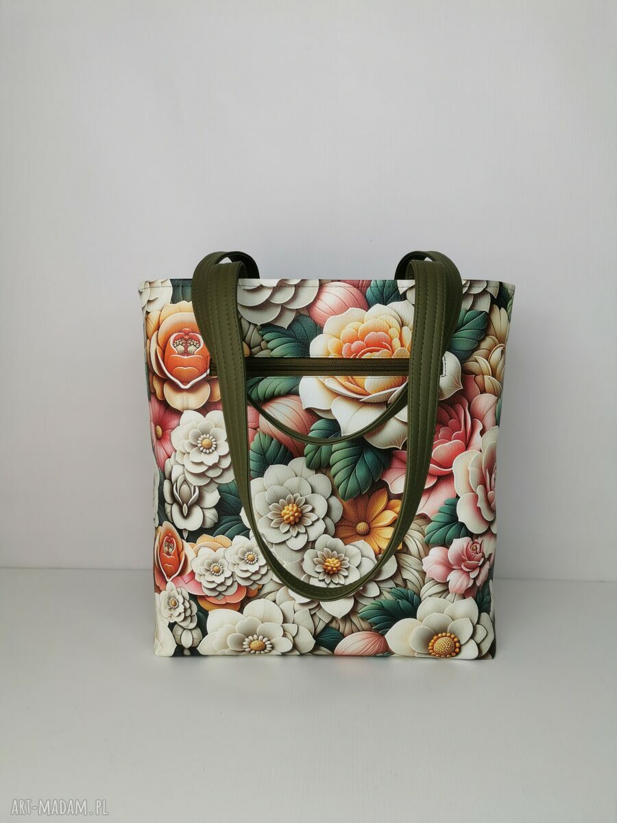 Torebka damska shopper na ramię zamykana - ekoskóra z kwiatami 3D