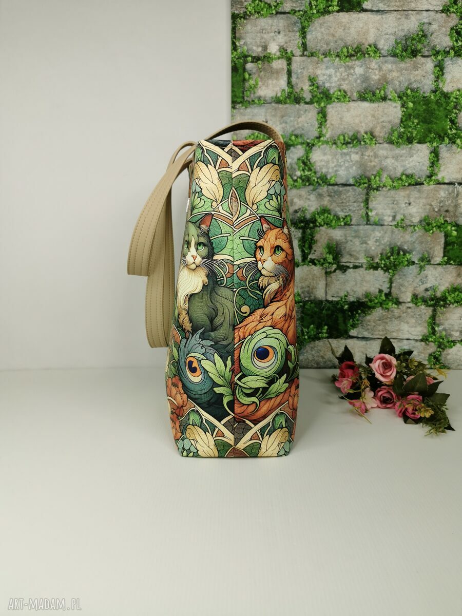 Torebka damska shopper bag na ramię w koty - ekoskóra kaletnicza, zamykana na zamek (A4)
