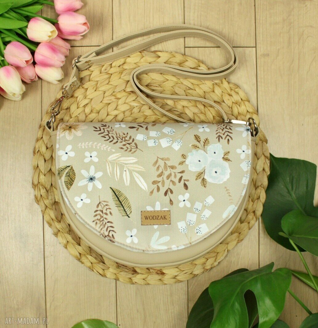 Torebka damska erin beżowa klapką listki kwiaty elegancka ramię