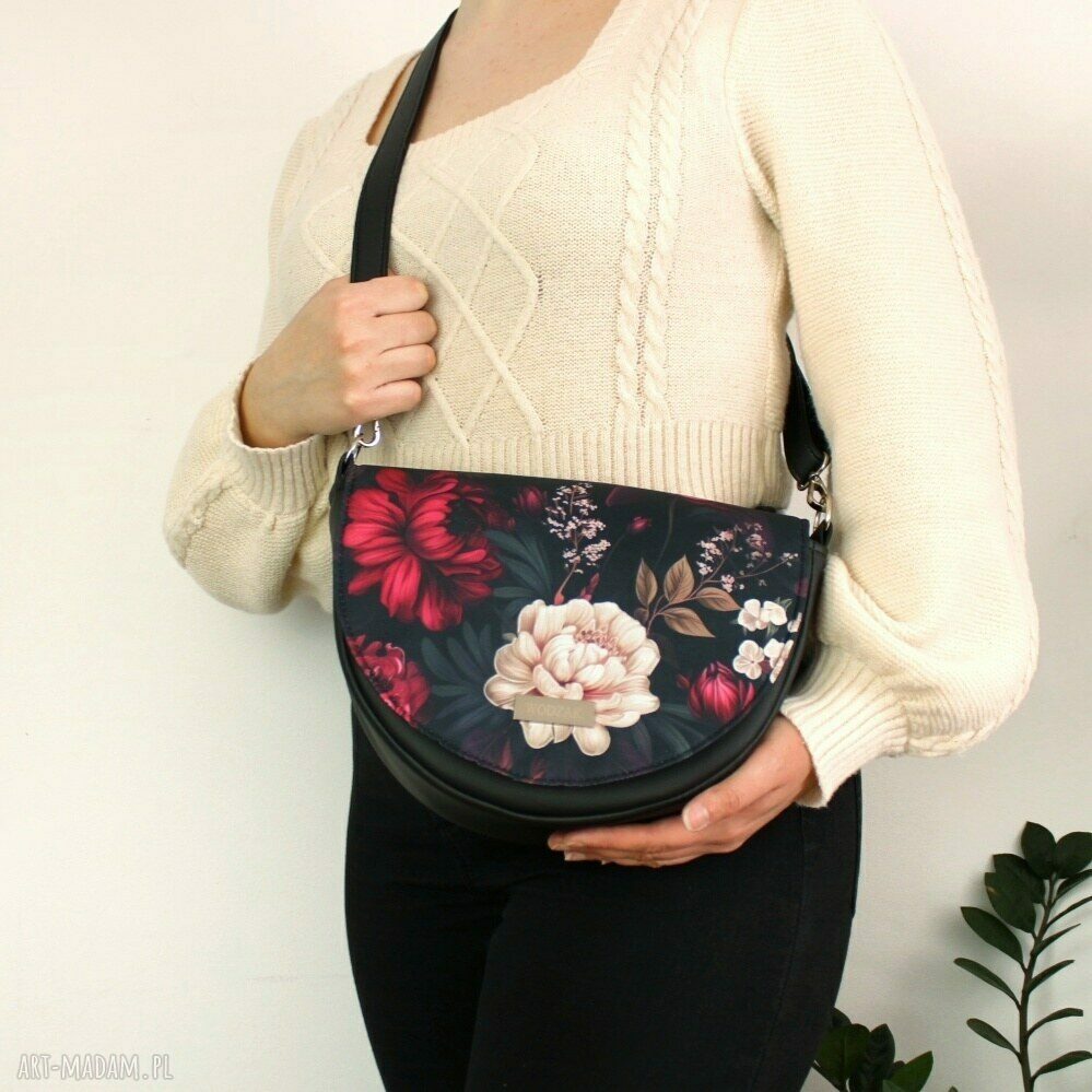 Torebka damska erin czarna klapką burgundowe kwiaty elegancka