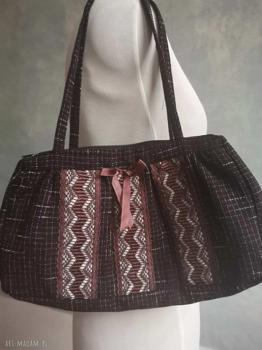 Brązowa torebka retro z koronki na ramię - zapinana na zamek (35x22 cm)