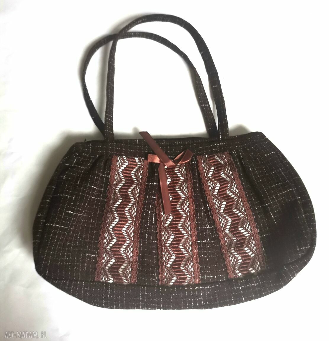 Brązowa torebka retro z koronki na ramię - zapinana na zamek (35x22 cm)