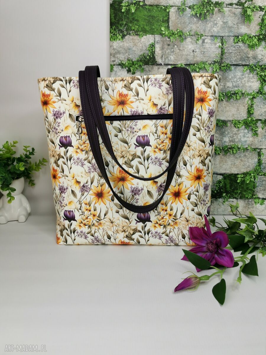Duża torebka shopper na ramię z żółtymi kwiatami - format A4, z zamkiem