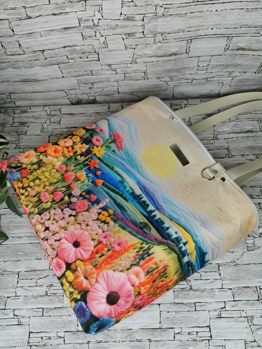 Pojemna handmade shopperka damska na ramię Pejzaż 4 - mieści A4