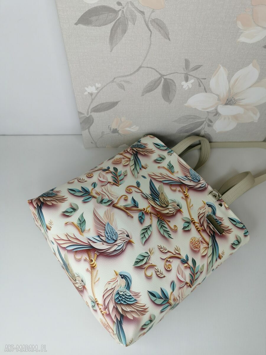 Torebka damska shopper bag na ramię zamykana - ekoskóra ptaki origami (A4)