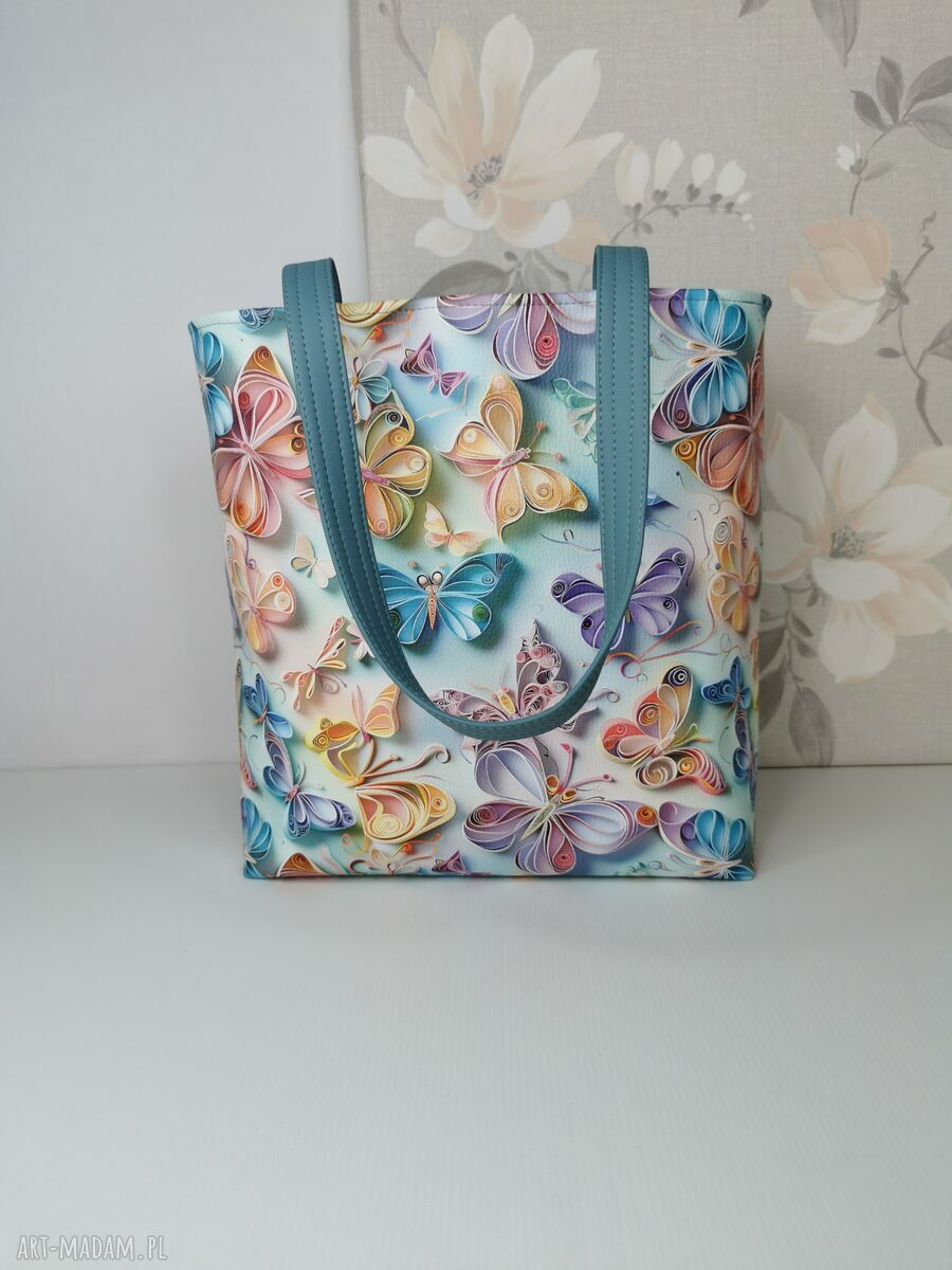 Torebka damska shopper bag na ramię - motyle z niebieską ekoskórą, zamykana na zamek (A4)