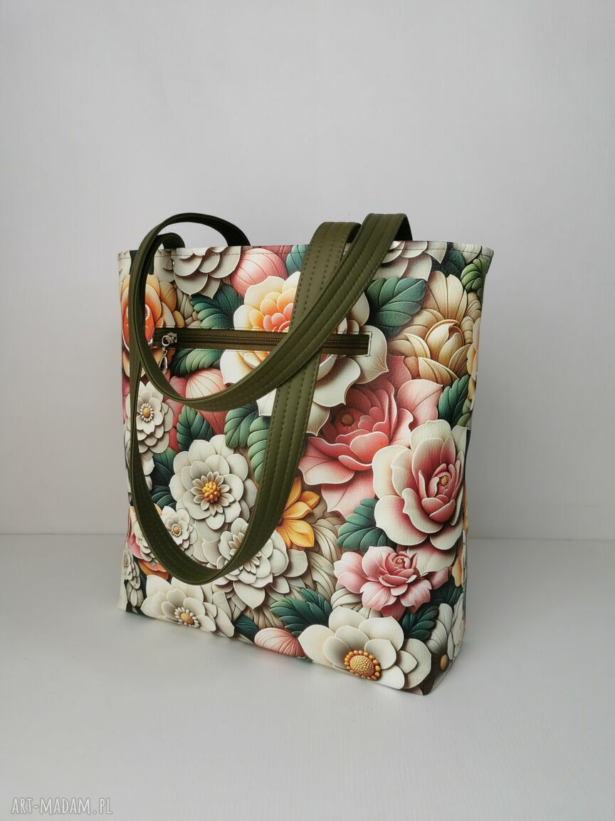 Torebka damska shopper na ramię zamykana - ekoskóra z kwiatami 3D