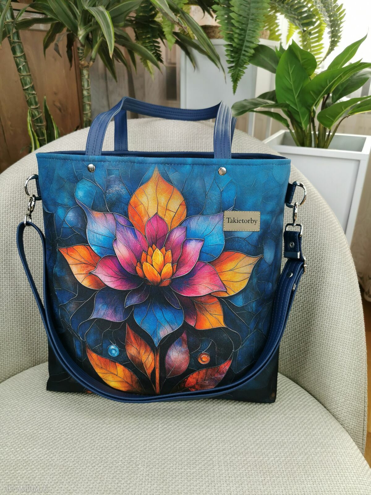 Torebka damska shopperka na ramię - kwiaty, A4 i wodoodporna