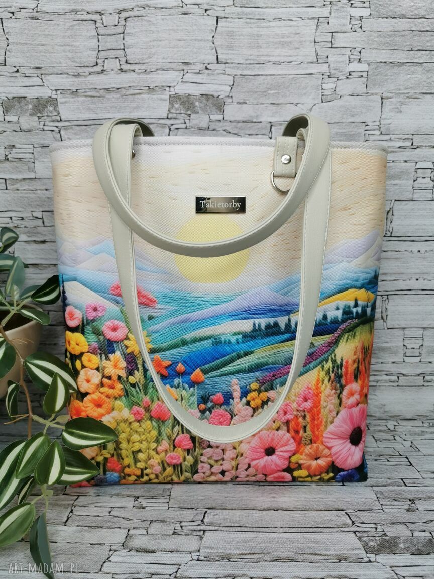 Pojemna handmade shopperka damska na ramię Pejzaż 4 - mieści A4