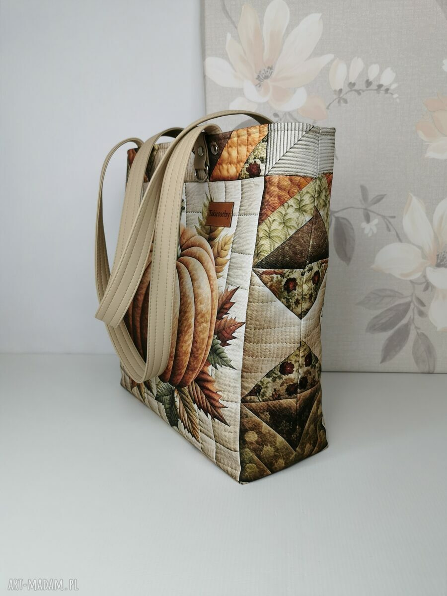 Torebka damska shopper na ramię Dynia patchwork - zamykana na zamek