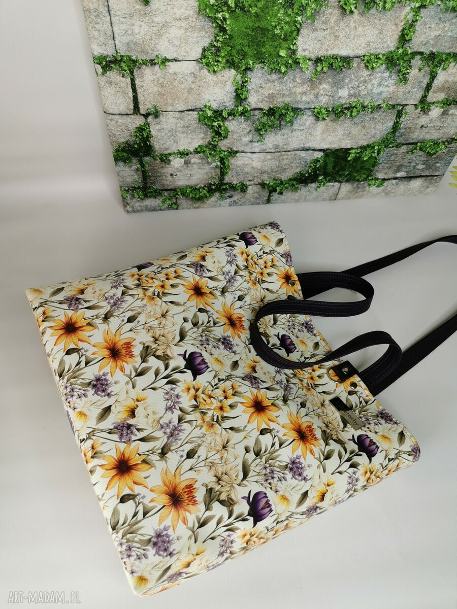 Duża torebka shopper na ramię z żółtymi kwiatami - format A4, z zamkiem