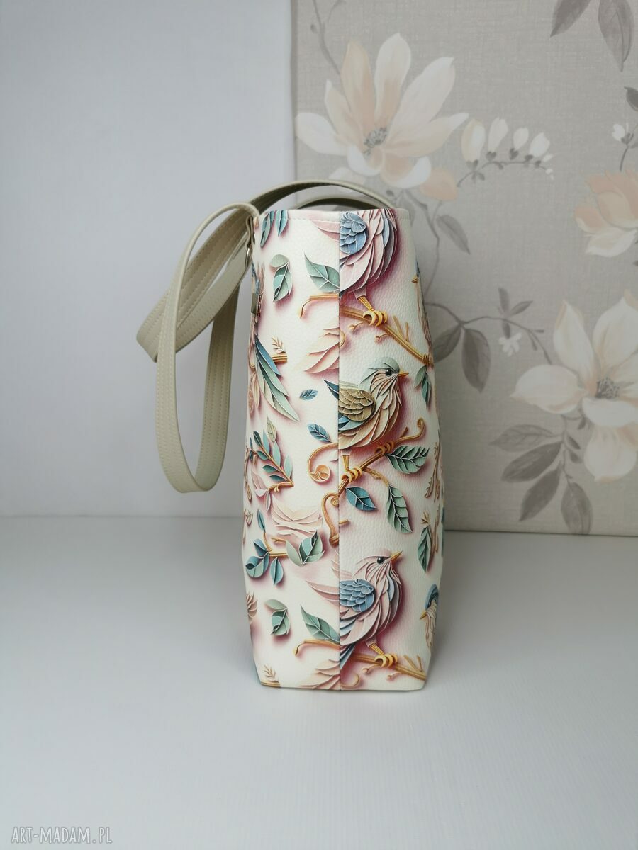 Torebka damska shopper bag na ramię zamykana - ekoskóra ptaki origami (A4)
