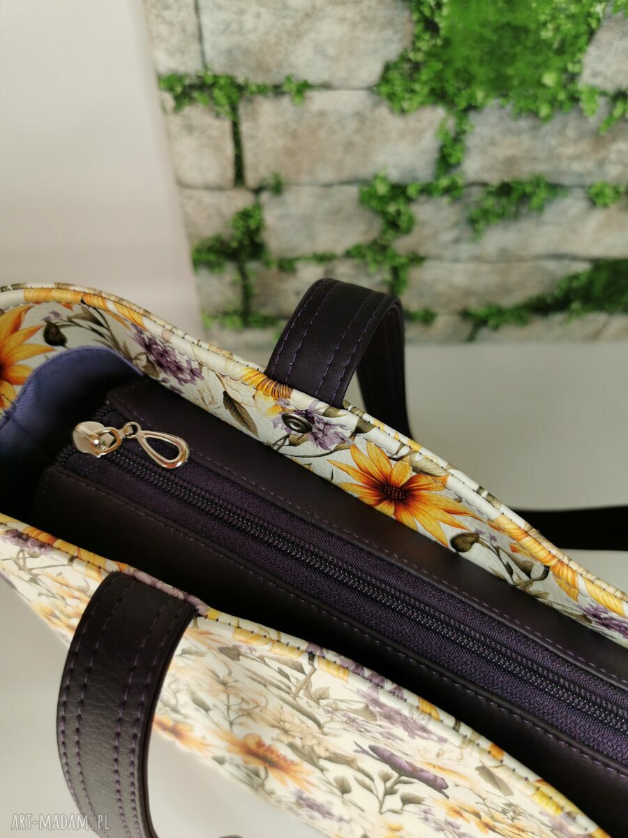 Duża torebka shopper na ramię z żółtymi kwiatami - format A4, z zamkiem