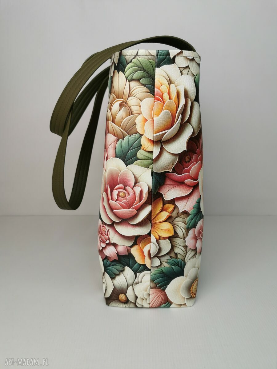Torebka damska shopper na ramię zamykana - ekoskóra z kwiatami 3D