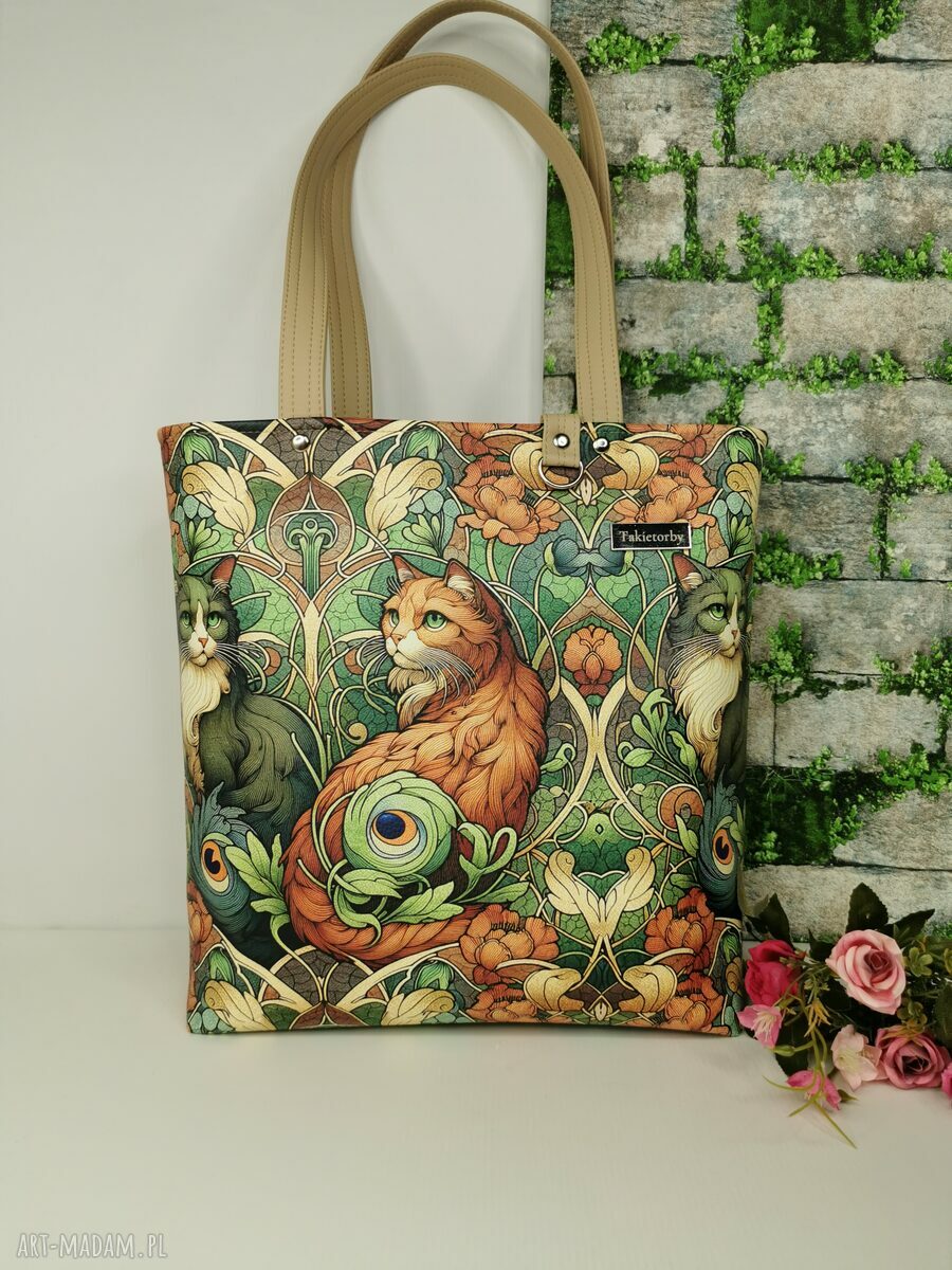 Torebka damska shopper bag na ramię w koty - ekoskóra kaletnicza, zamykana na zamek (A4)