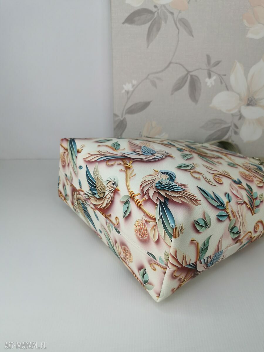 Torebka damska shopper bag na ramię zamykana - ekoskóra ptaki origami (A4)