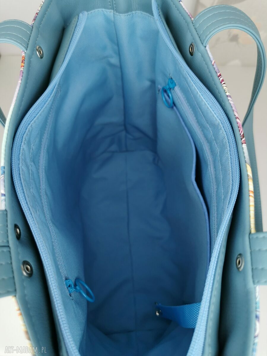Torebka damska shopper bag na ramię - motyle z niebieską ekoskórą, zamykana na zamek (A4)