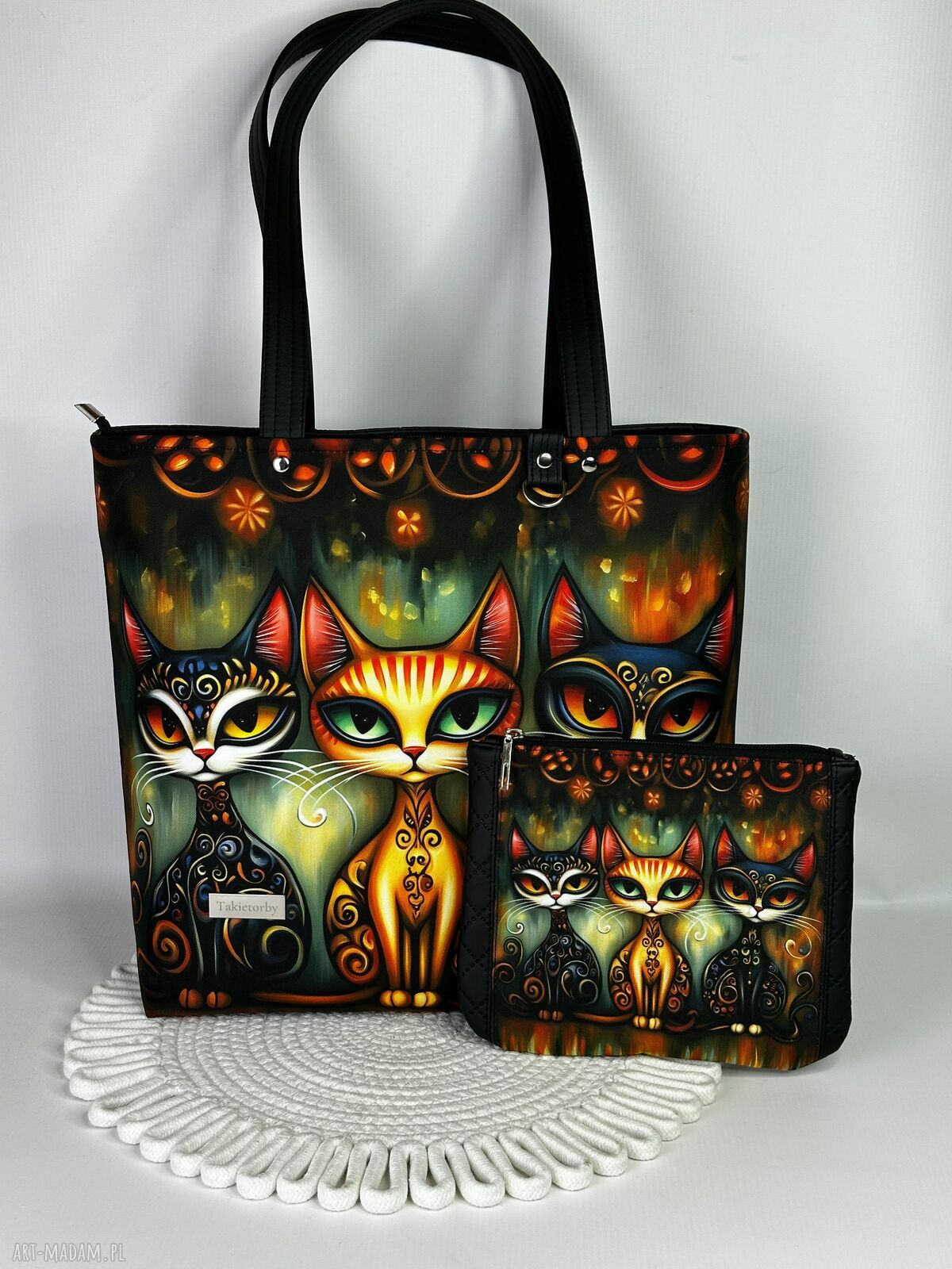 Torebka shopper A4 z kosmetyczką w koty na ramię
