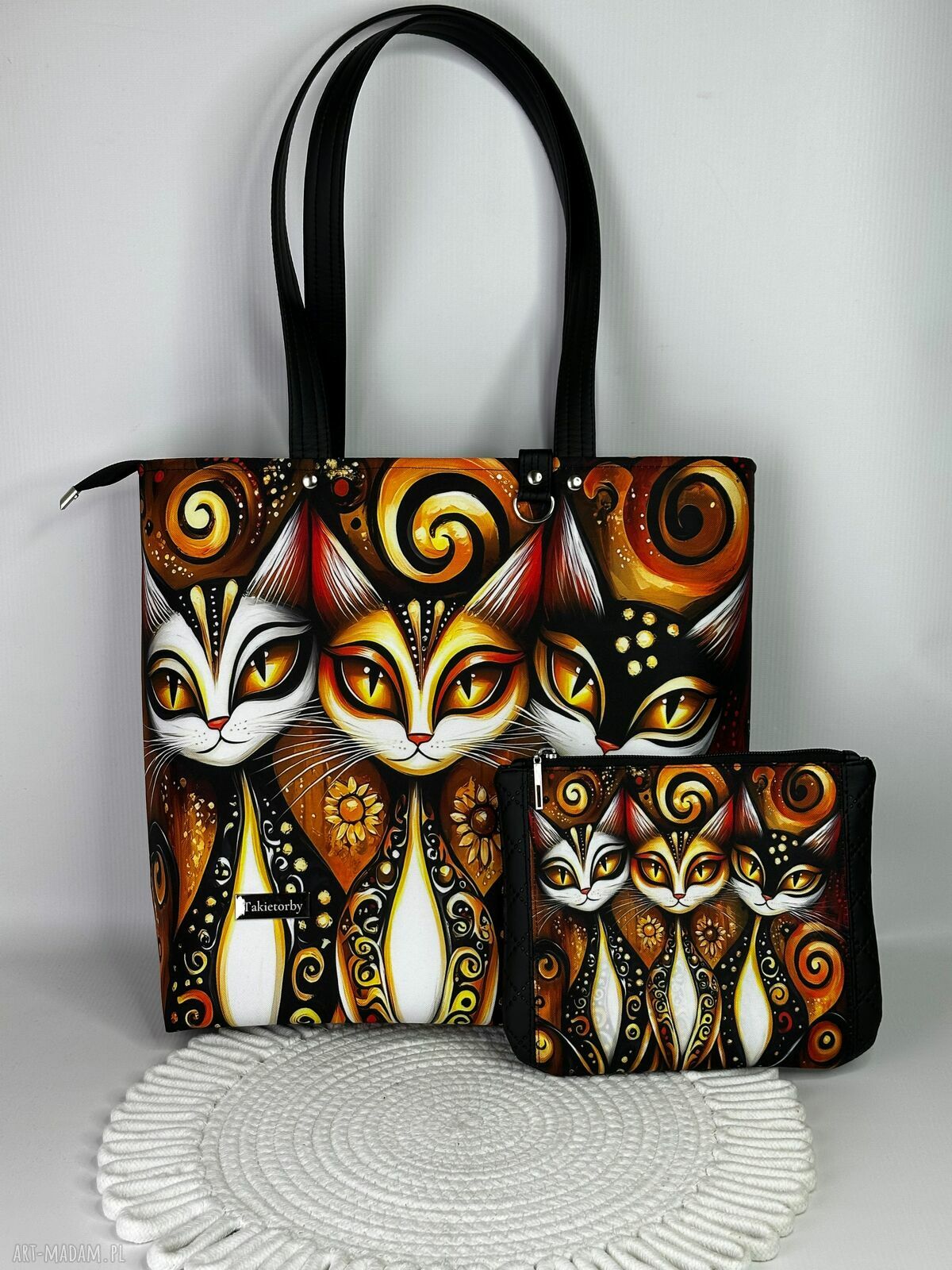 Torebka shopper A4 z kosmetyczką - kocie spojrzenia