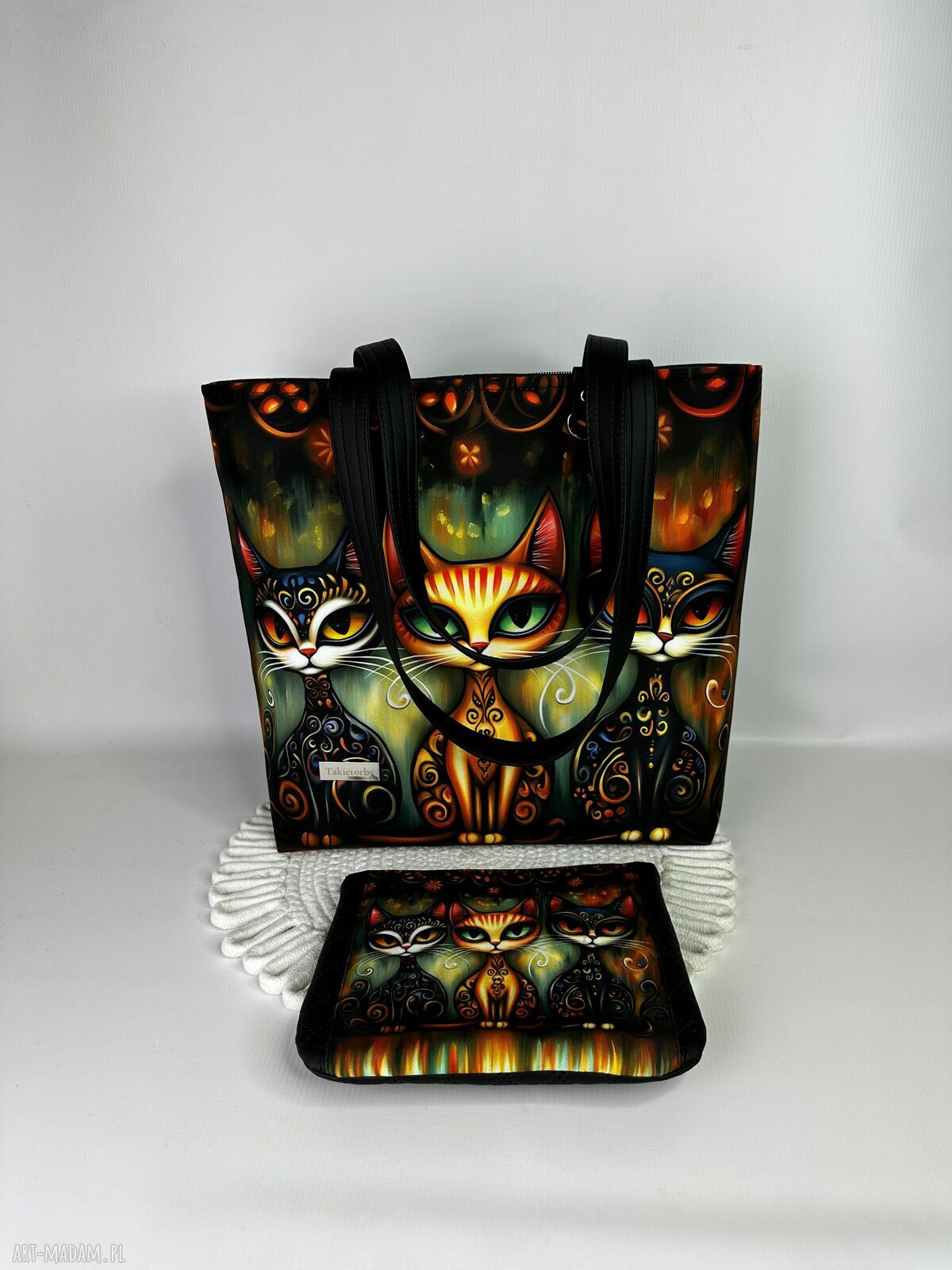 Torebka shopper A4 z kosmetyczką w koty na ramię