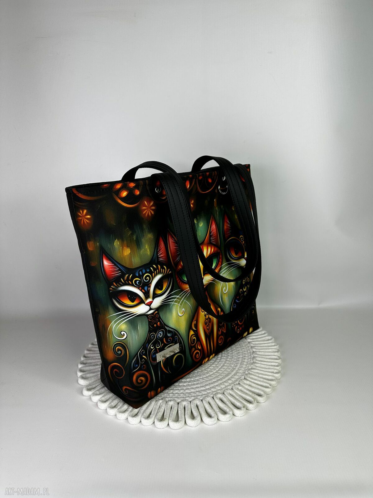 Torebka shopper A4 z kosmetyczką w koty na ramię