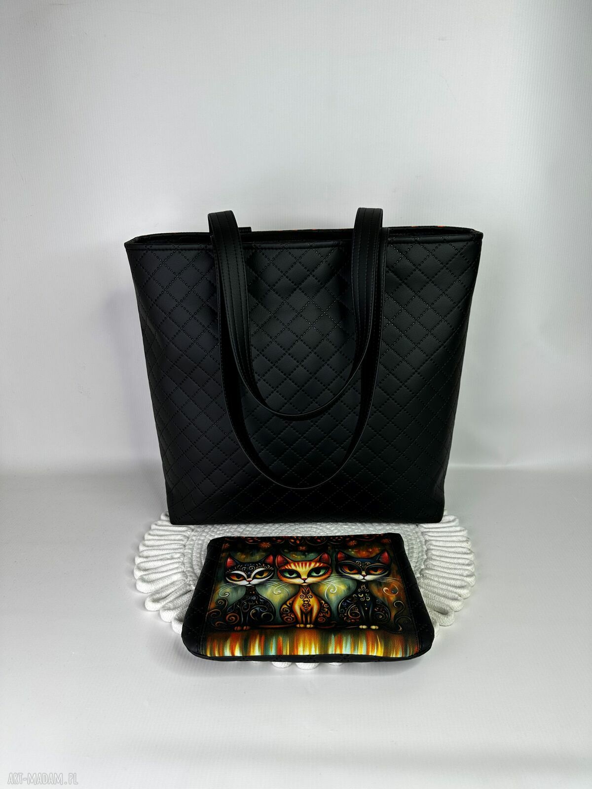 Torebka shopper A4 z kosmetyczką w koty na ramię