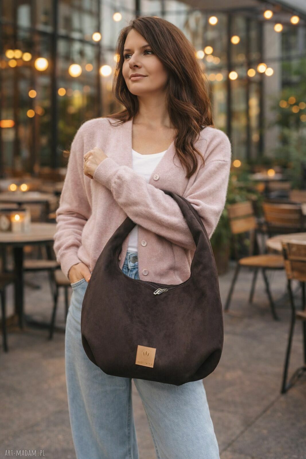 Torebka Hobo z zamszu tapicerskiego Czekoladowa na ramię - handmade