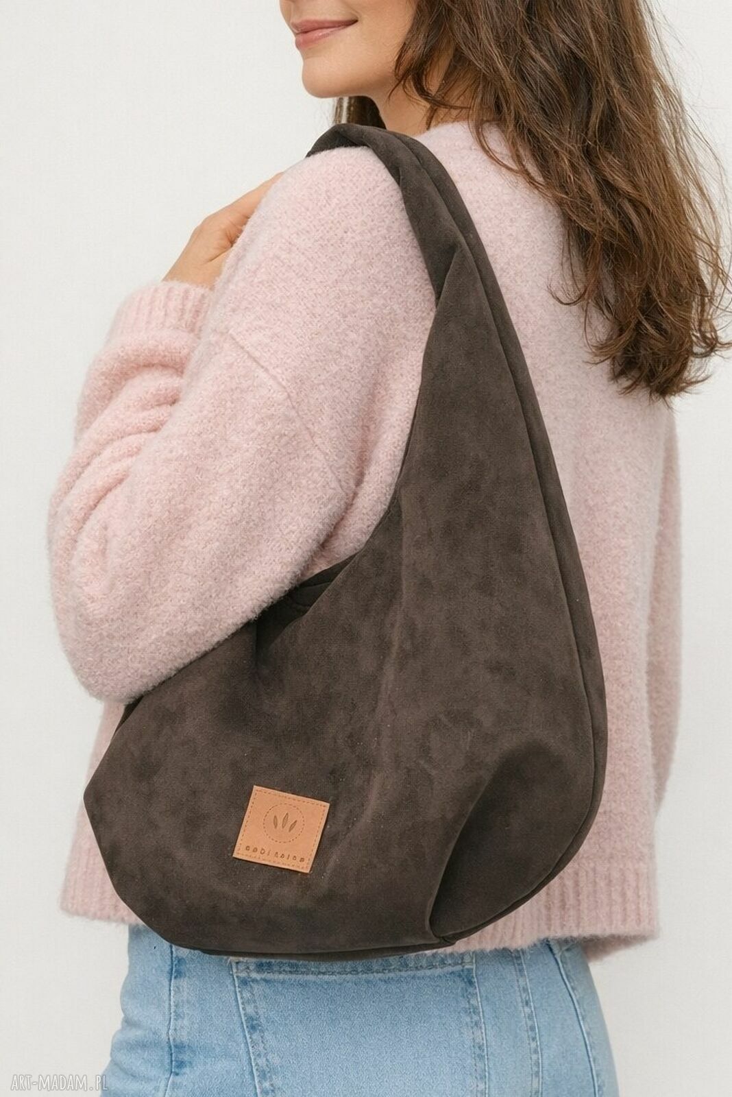 Torebka Hobo z zamszu tapicerskiego Czekoladowa na ramię - handmade