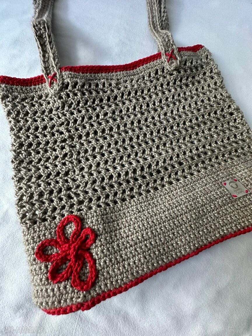 Torebka-koszyk LUNA handmade na ramię - boho beż i czerwień