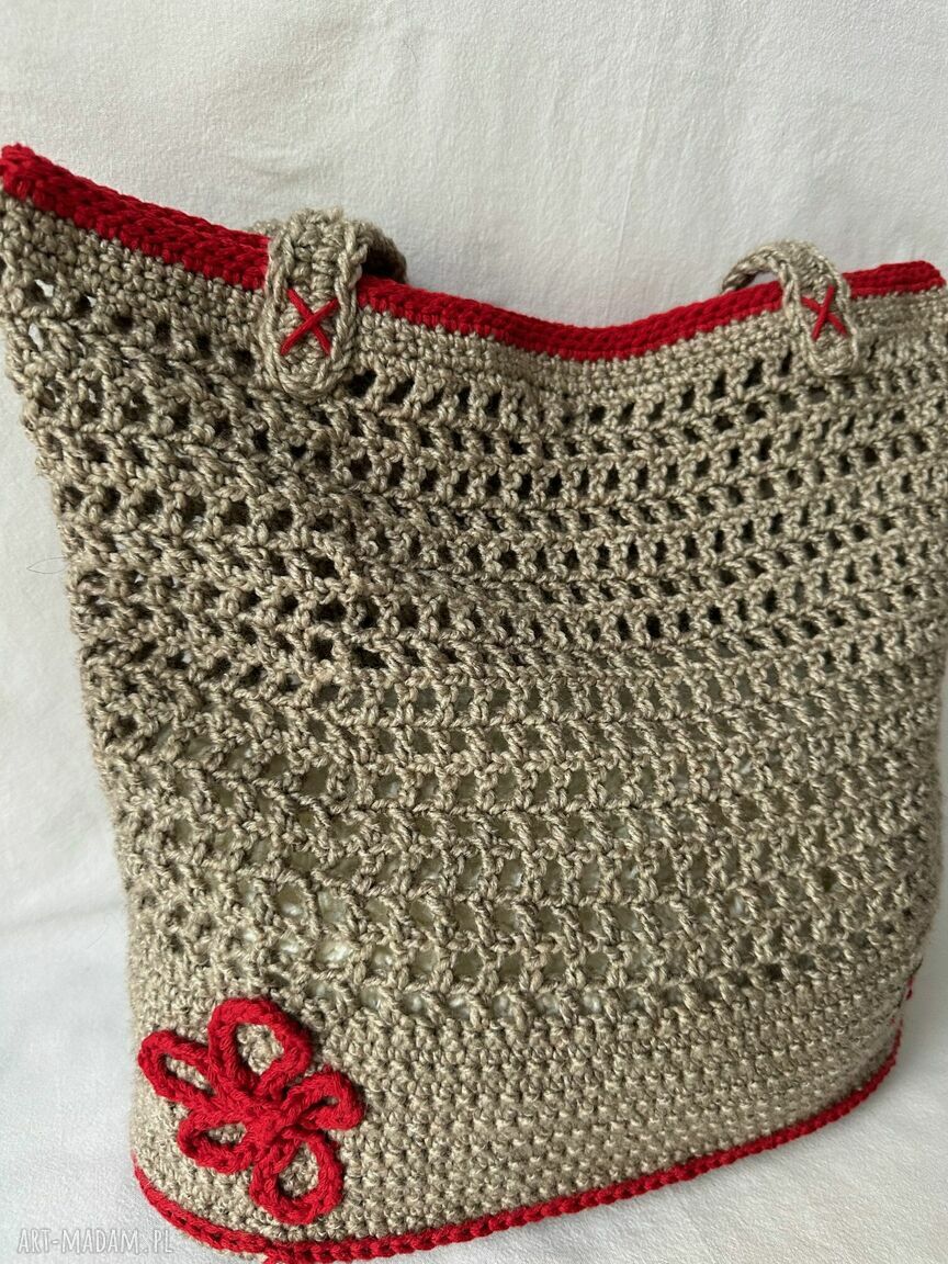 Torebka-koszyk LUNA handmade na ramię - boho beż i czerwień