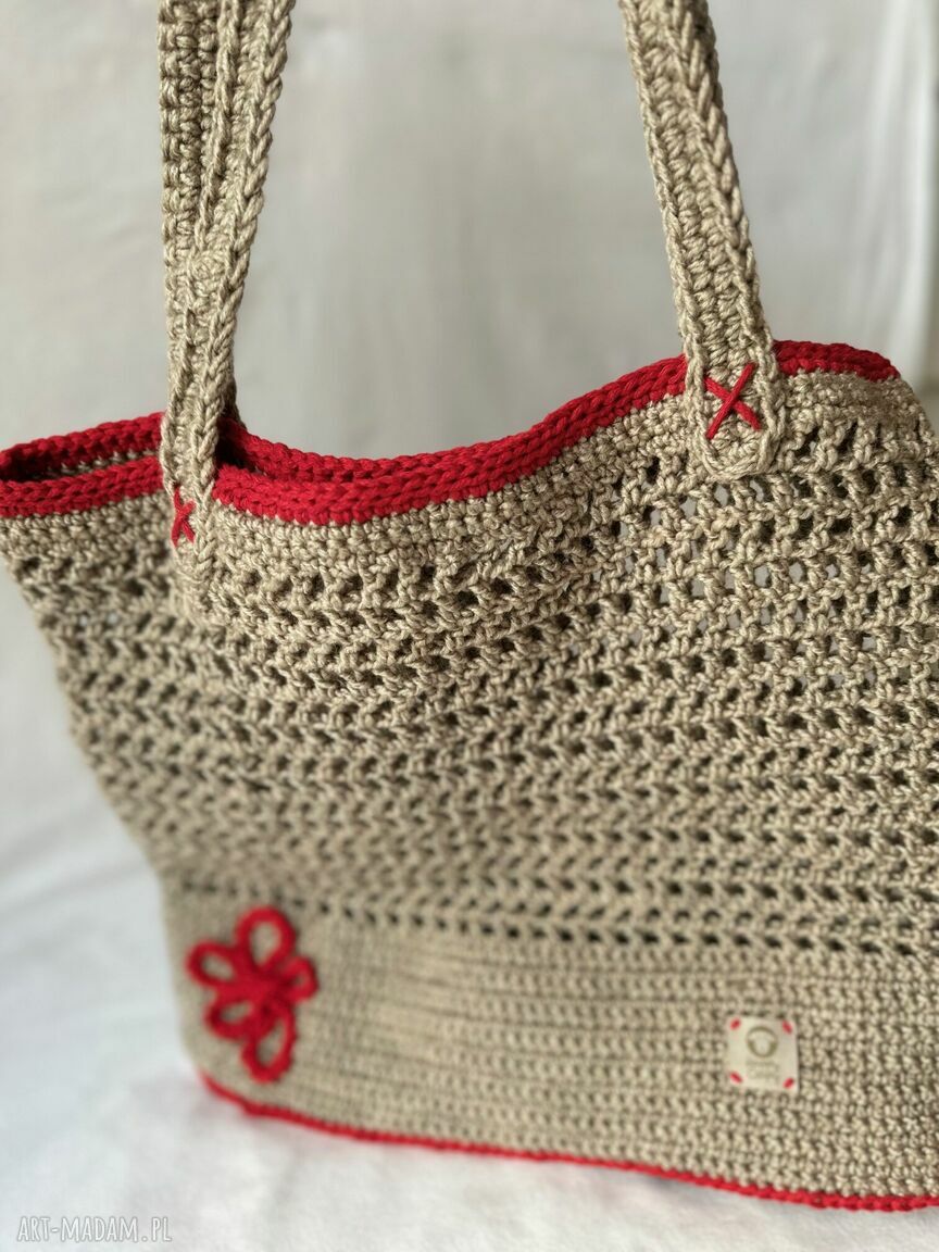 Torebka-koszyk LUNA handmade na ramię - boho beż i czerwień